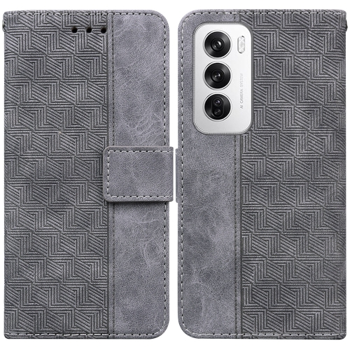 

For OPPO Reno12 5G Global Geometric Embossed Leather Phone Case(Grey)