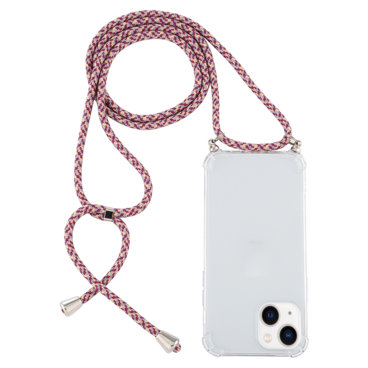 Coque en TPU transparente antichoc à quatre coins pour iPhone 15 avec lanière (rouge violet)