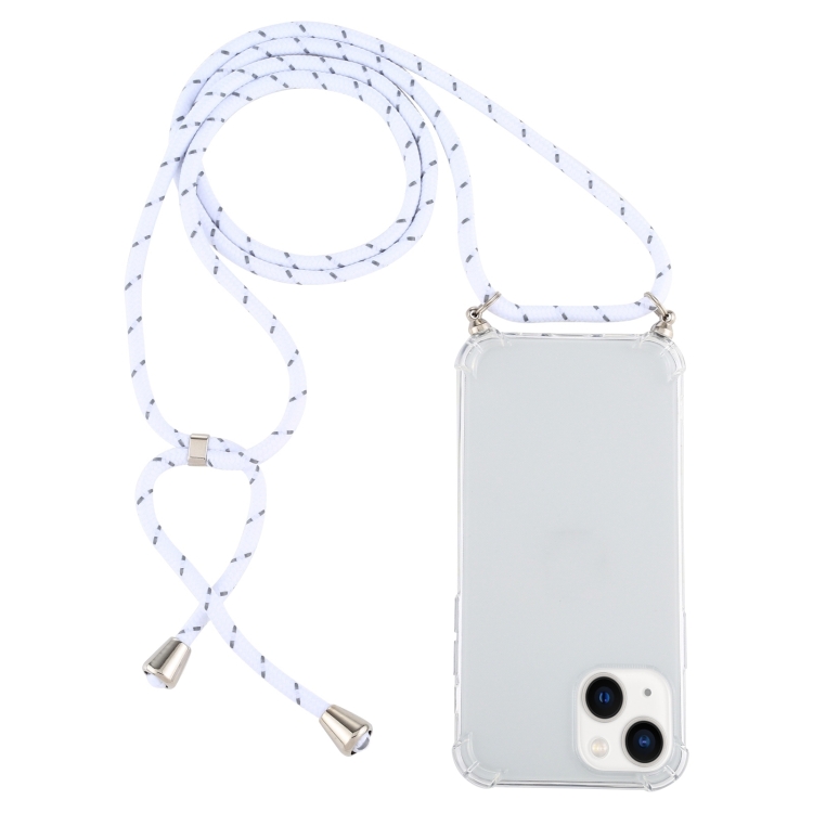 

For iPhone 15 Four-Corner Shockproof Transparent TPU Case with Lanyard(White Grey)