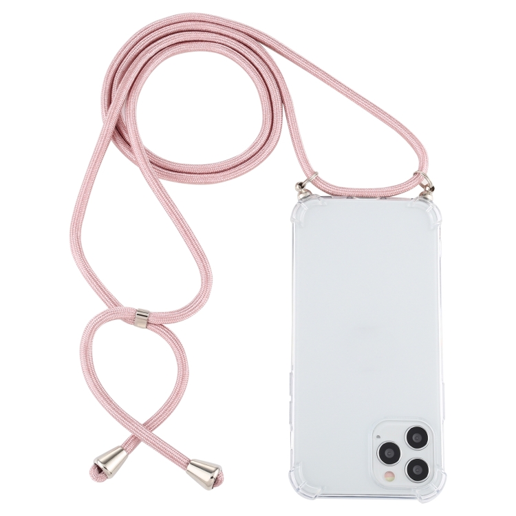

For iPhone 15 Pro Four-Corner Shockproof Transparent TPU Case with Lanyard(Pink)