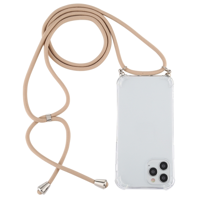 Coque en TPU transparente antichoc à quatre coins pour iPhone 15 Pro Max avec lanière (or)