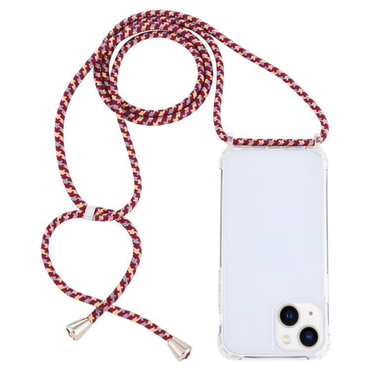 

For iPhone 15 Plus Transparent Acrylic Airbag Shockproof Phone Protective Case with Lanyard(Red Apricot Grey Rough Grain)