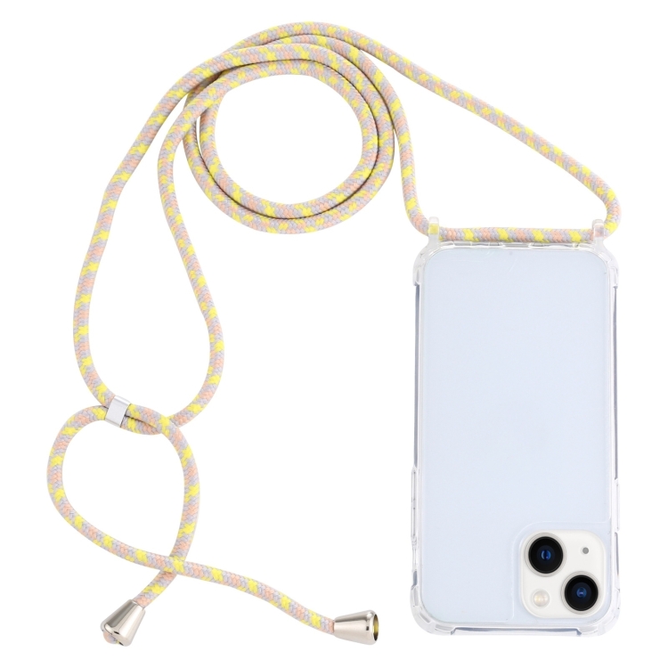

For iPhone 15 Transparent Acrylic Airbag Shockproof Phone Protective Case with Lanyard(Yellow Pink Grey)