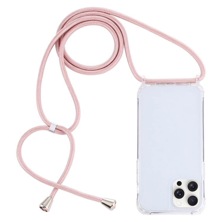 

For iPhone 16 Pro Transparent Acrylic Airbag Shockproof Phone Protective Case with Lanyard(Rose Gold)