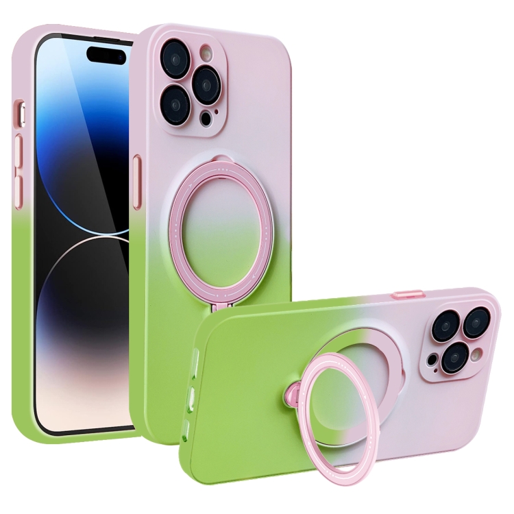 

For iPhone 14 Pro MagSafe Holder Gradient TPU Phone Case(Pink Green)