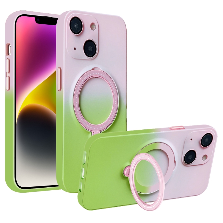 

For iPhone 14 MagSafe Holder Gradient TPU Phone Case(Pink Green)