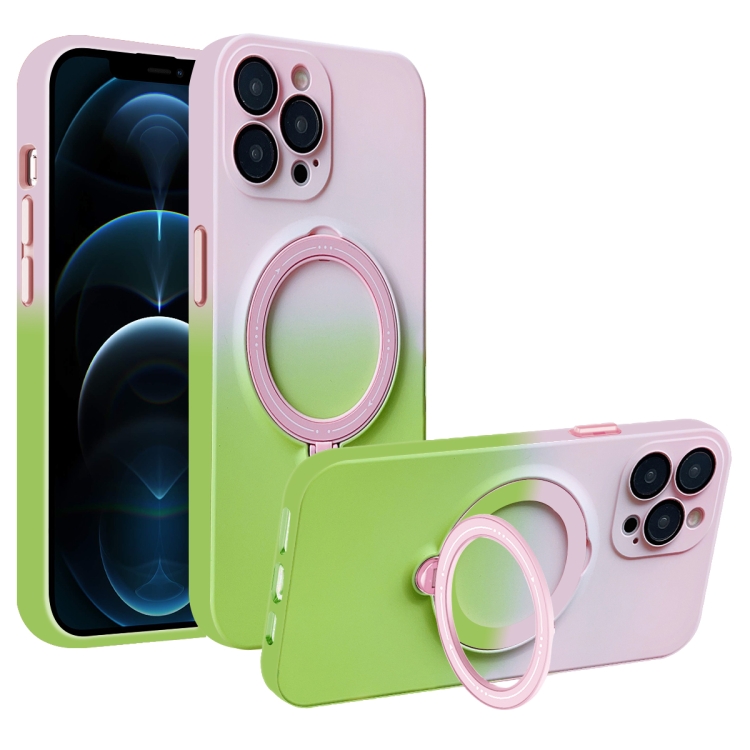 

For iPhone 12 Pro MagSafe Holder Gradient TPU Phone Case(Pink Green)
