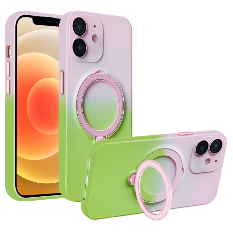 

For iPhone 12 MagSafe Holder Gradient TPU Phone Case(Pink Green)
