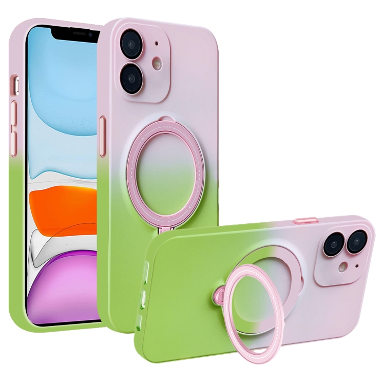 

For iPhone 11 MagSafe Holder Gradient TPU Phone Case(Pink Green)