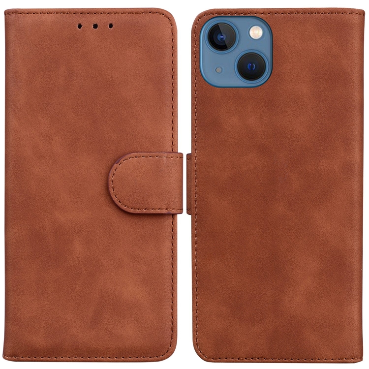 

For iPhone 15 Skin Feel Pure Color Flip Leather Phone Case(Brown)