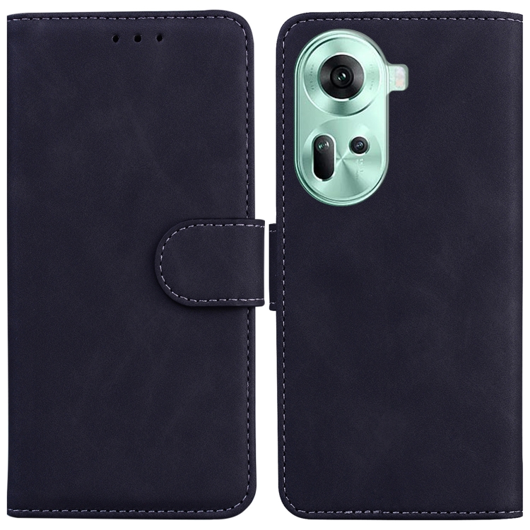 

For OPPO Reno11 Global Skin Feel Pure Color Flip Leather Phone Case(Black)