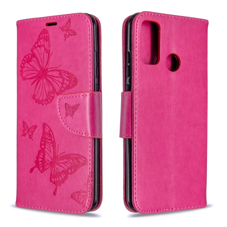 

For Huawei P Smart (2020) Two Butterflies Embossing Pattern Horizontal Flip Leather Case with Holder & Card Slot & Wallet & Lanyard(Rose Red)