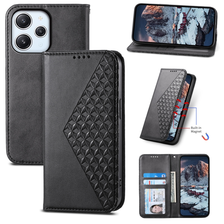 

For Xiaomi Redmi 12 Cubic Grid Calf Texture Magnetic Leather Phone Case(Black)