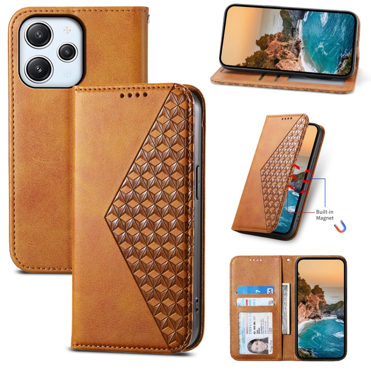 

For Xiaomi Redmi 12 Cubic Grid Calf Texture Magnetic Leather Phone Case(Brown)