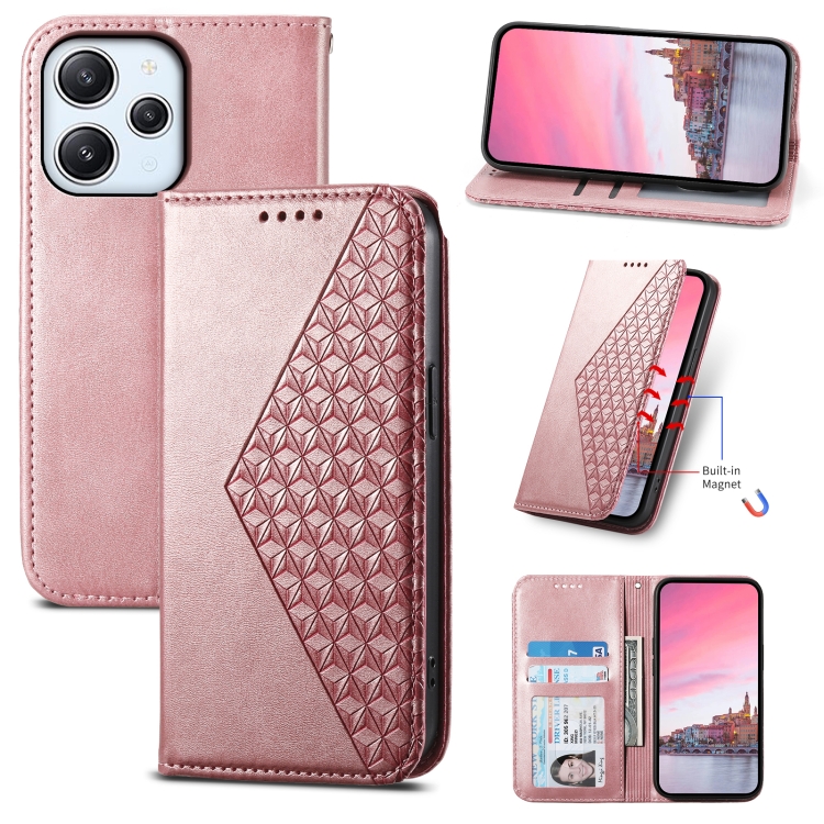 

For Xiaomi Redmi 12 Cubic Grid Calf Texture Magnetic Leather Phone Case(Rose Gold)