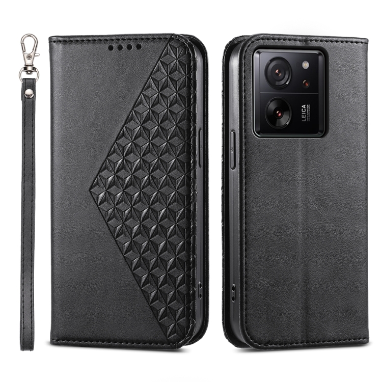 

For Xiaomi 13T Cubic Grid Calf Texture Magnetic Leather Phone Case(Black)