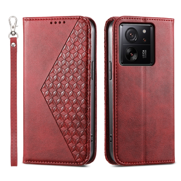 

For Xiaomi 13T Cubic Grid Calf Texture Magnetic Leather Phone Case(Red)