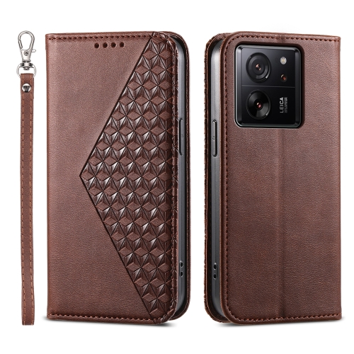 

For Xiaomi 13T Cubic Grid Calf Texture Magnetic Leather Phone Case(Brown)