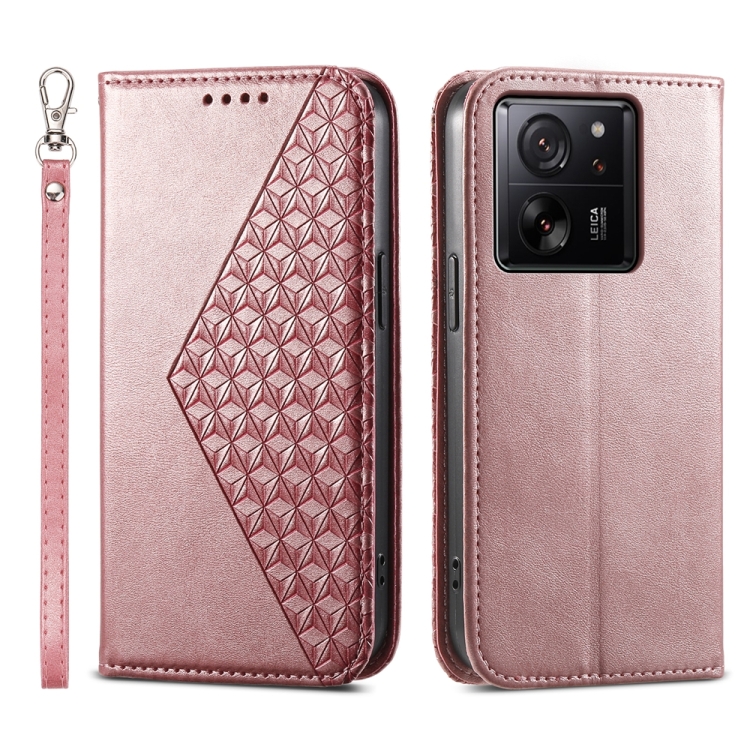 

For Xiaomi 13T Cubic Grid Calf Texture Magnetic Leather Phone Case(Rose Gold)