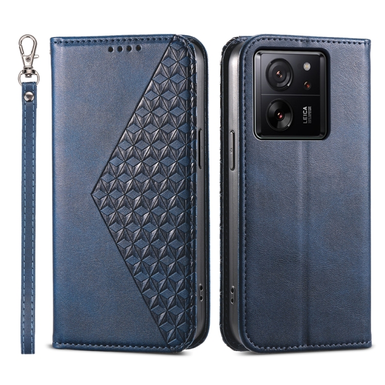 

For Xiaomi 13T Cubic Grid Calf Texture Magnetic Leather Phone Case(Blue)