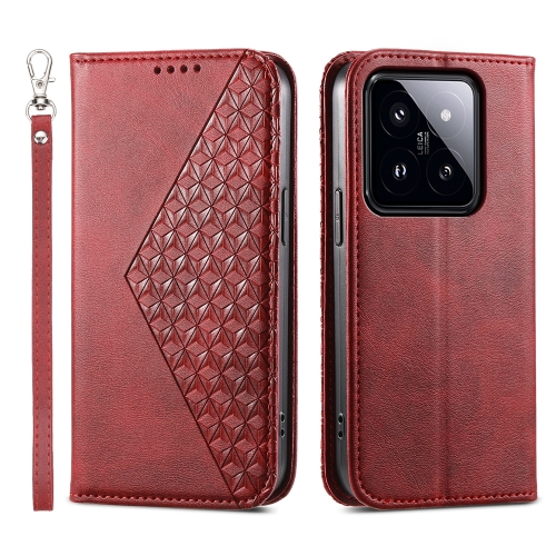 

For Xiaomi 14 Pro Cubic Grid Calf Texture Magnetic Leather Phone Case(Red)