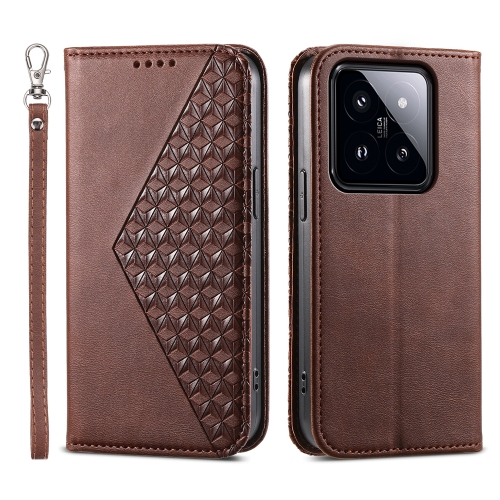

For Xiaomi 14 Pro Cubic Grid Calf Texture Magnetic Leather Phone Case(Brown)