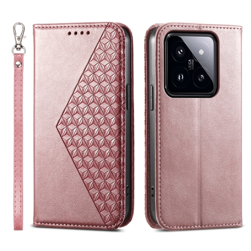 

For Xiaomi 14 Pro Cubic Grid Calf Texture Magnetic Leather Phone Case(Rose Gold)