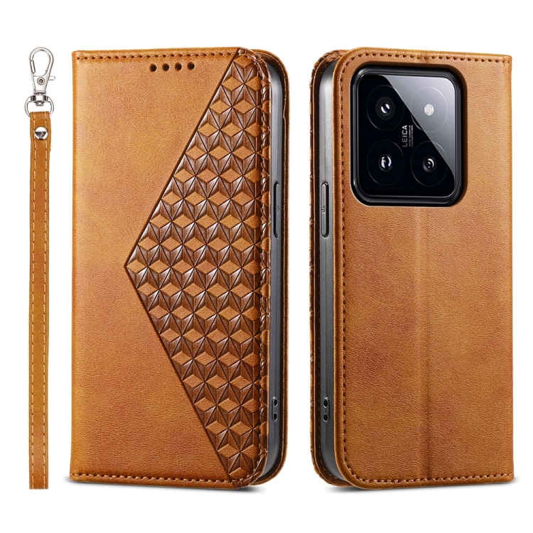 

For Xiaomi 14 Pro Cubic Grid Calf Texture Magnetic Leather Phone Case(Yellow)