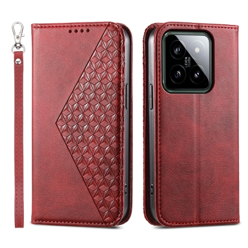 

For Xiaomi 14 Cubic Grid Calf Texture Magnetic Leather Phone Case(Red)