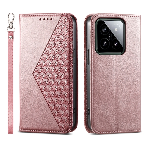 

For Xiaomi 14 Cubic Grid Calf Texture Magnetic Leather Phone Case(Rose Gold)