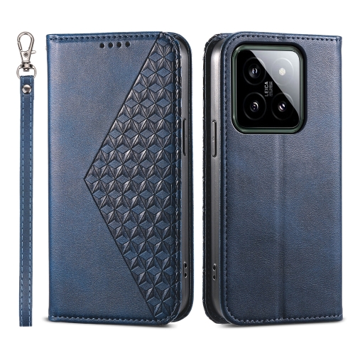 

For Xiaomi 14 Cubic Grid Calf Texture Magnetic Leather Phone Case(Blue)