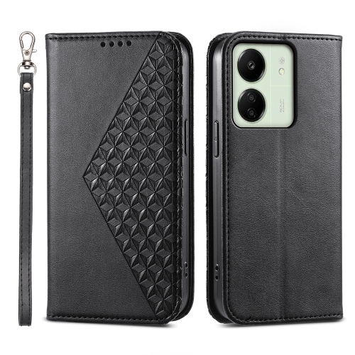 

For Xiaomi Redmi 13C Cubic Grid Calf Texture Magnetic Leather Phone Case(Black)