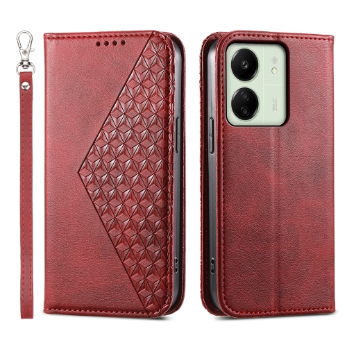 

For Xiaomi Redmi 13C Cubic Grid Calf Texture Magnetic Leather Phone Case(Red)