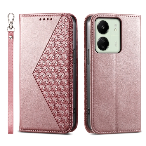

For Xiaomi Redmi 13C Cubic Grid Calf Texture Magnetic Leather Phone Case(Rose Gold)