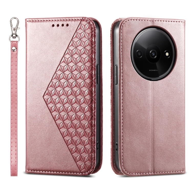 

For Xiaomi Redmi A3 Cubic Grid Calf Texture Magnetic Leather Phone Case(Rose Gold)