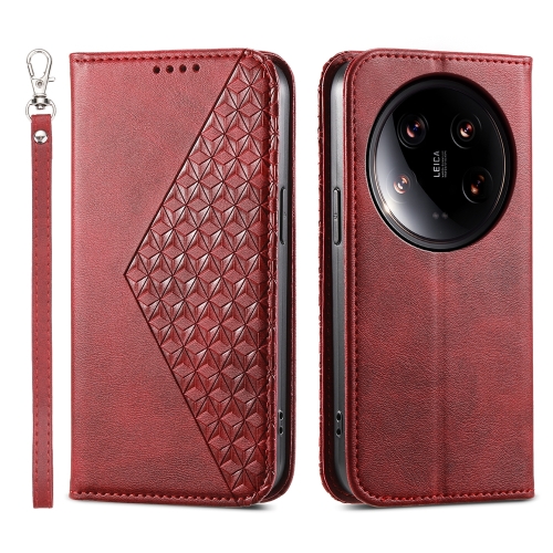 

For Xiaomi 14 Ultra Cubic Grid Calf Texture Magnetic Leather Phone Case(Red)