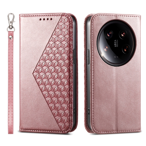 

For Xiaomi 14 Ultra Cubic Grid Calf Texture Magnetic Leather Phone Case(Rose Gold)