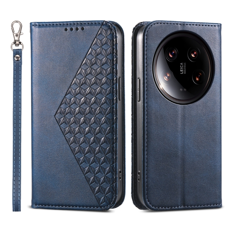 

For Xiaomi 14 Ultra Cubic Grid Calf Texture Magnetic Leather Phone Case(Blue)
