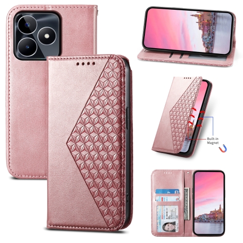 

For Realme C53 Cubic Grid Calf Texture Magnetic Leather Phone Case(Rose Gold)