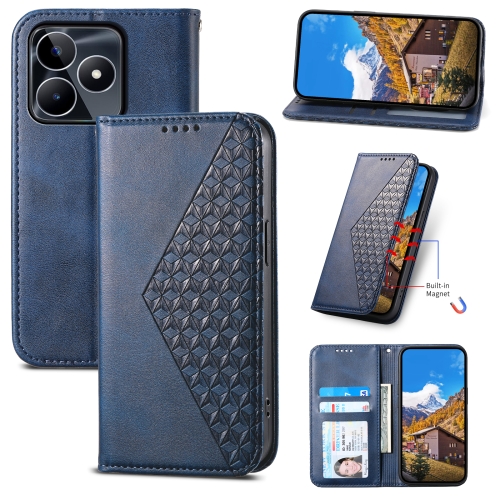 

For Realme C53 Cubic Grid Calf Texture Magnetic Leather Phone Case(Blue)
