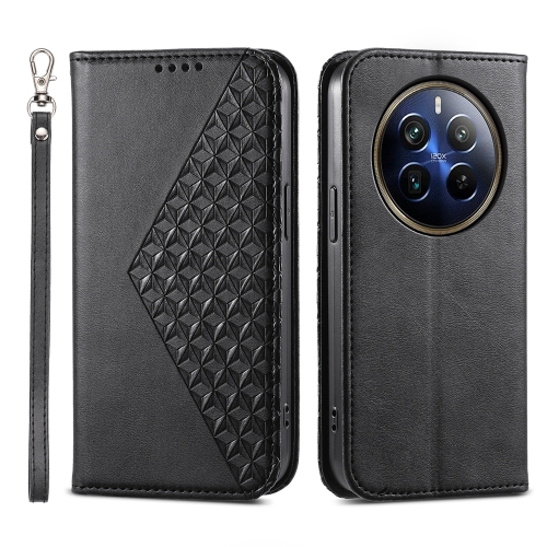 

For Realme 12 Pro+ Cubic Grid Calf Texture Magnetic Leather Phone Case(Black)