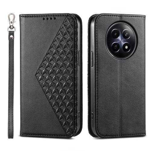 

For Realme 12 5G Cubic Grid Calf Texture Magnetic Leather Phone Case(Black)