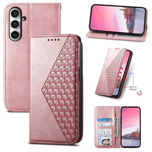 

For Samsung Galaxy S23 FE Cubic Grid Calf Texture Magnetic Leather Phone Case(Rose Gold)