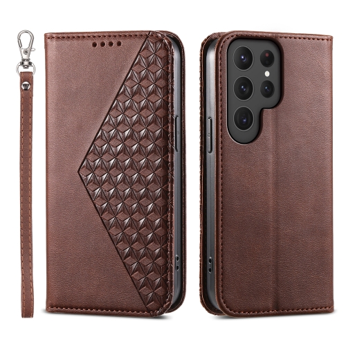 

For Samsung Galaxy S24 Ultra 5G Cubic Grid Calf Texture Magnetic Leather Phone Case(Brown)