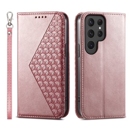 

For Samsung Galaxy S24 Ultra 5G Cubic Grid Calf Texture Magnetic Leather Phone Case(Rose Gold)