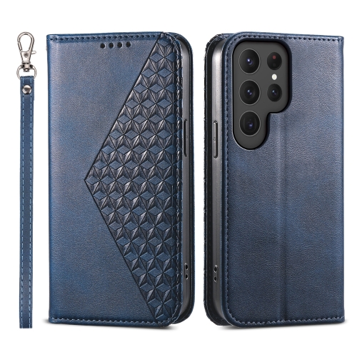

For Samsung Galaxy S24 Ultra 5G Cubic Grid Calf Texture Magnetic Leather Phone Case(Blue)