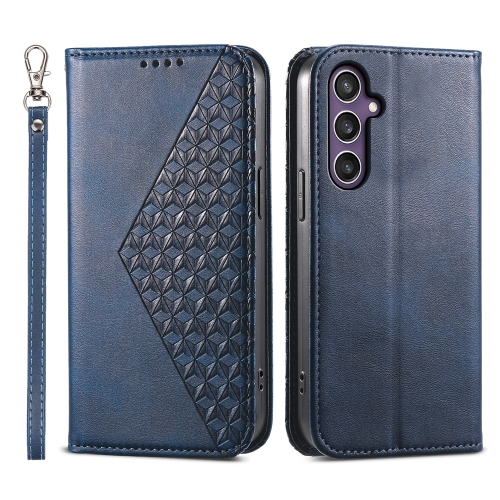 

For Samsung Galaxy S24+ 5G Cubic Grid Calf Texture Magnetic Leather Phone Case(Blue)