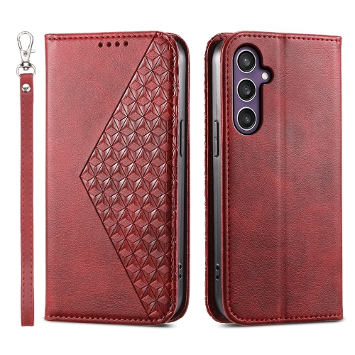

For Samsung Galaxy S24 5G Cubic Grid Calf Texture Magnetic Leather Phone Case(Red)