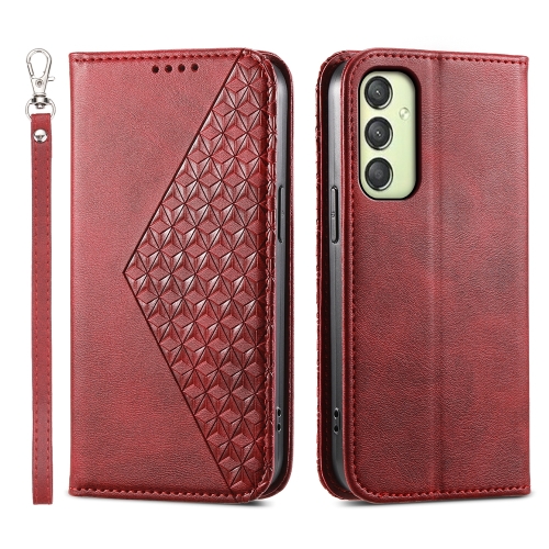 

For Samsung Galaxy A25 5G Global Cubic Grid Calf Texture Magnetic Leather Phone Case(Red)