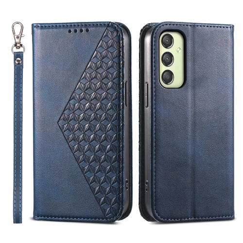 

For Samsung Galaxy A25 5G Global Cubic Grid Calf Texture Magnetic Leather Phone Case(Blue)